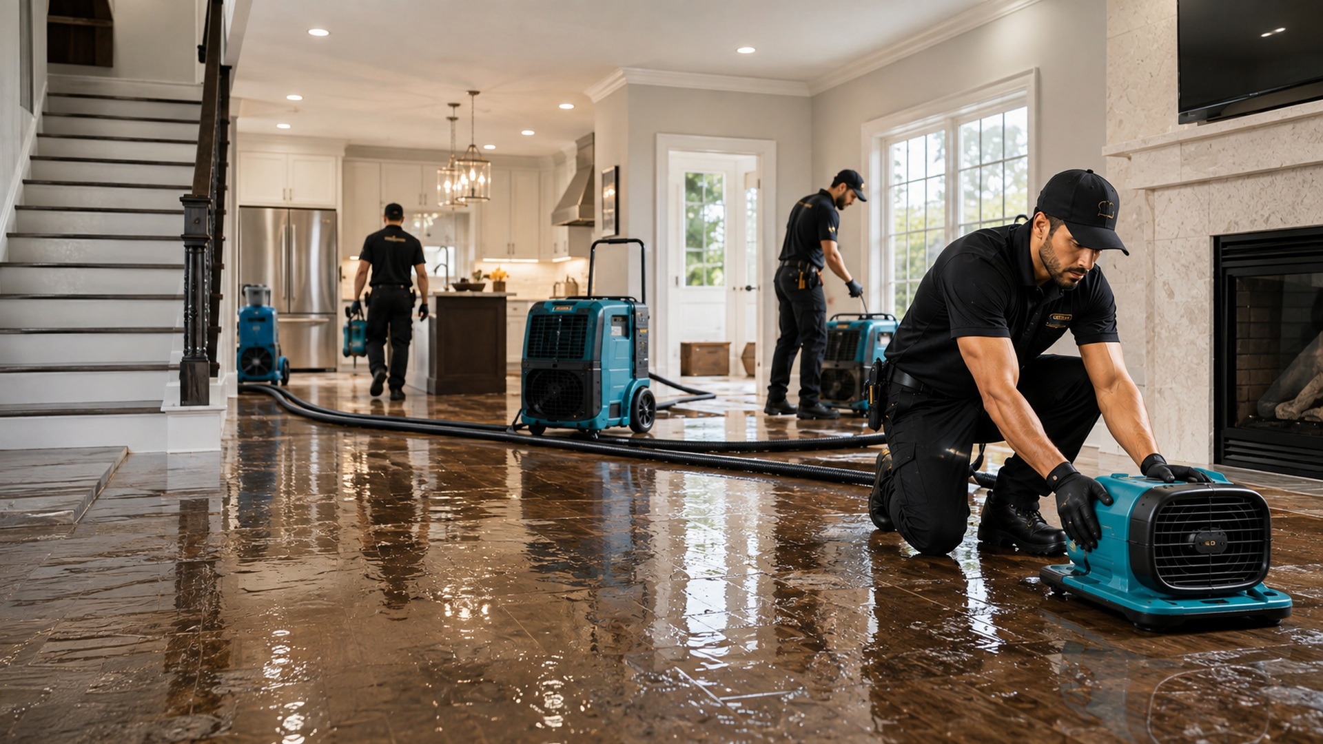 Water damage restoration technician using drying equipment in a controlled room
